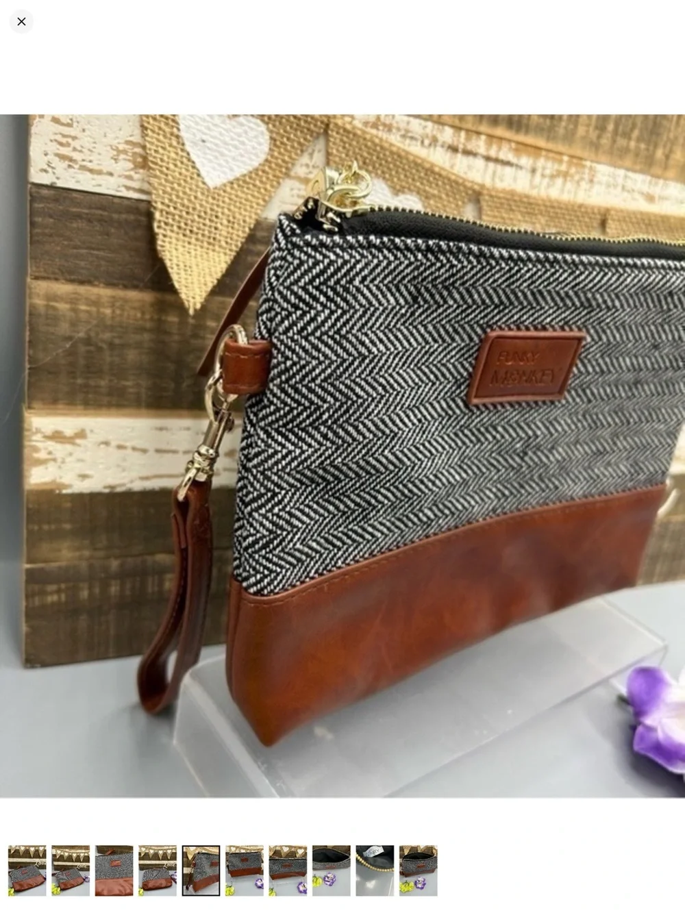 ✨Herringbone & Brown Faux Leather Wristlet Clutch
